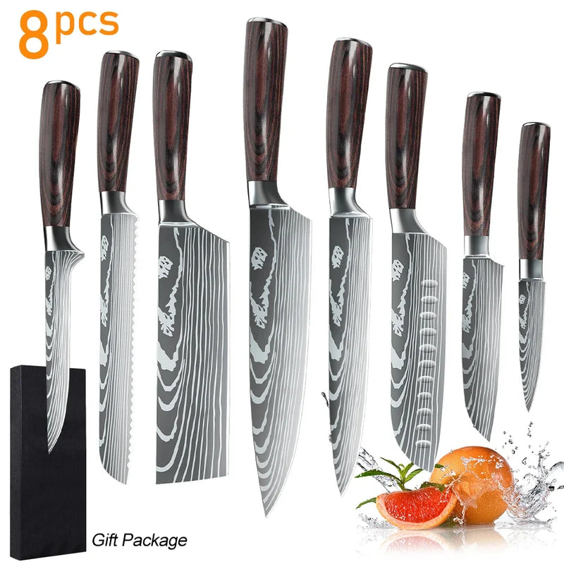 Kitchen Knife Set 3-10PCS Professional Chef Knife 7CR17 Germany Stainless Steel Damascus Laser Meat Cleaver Slicing Santoku