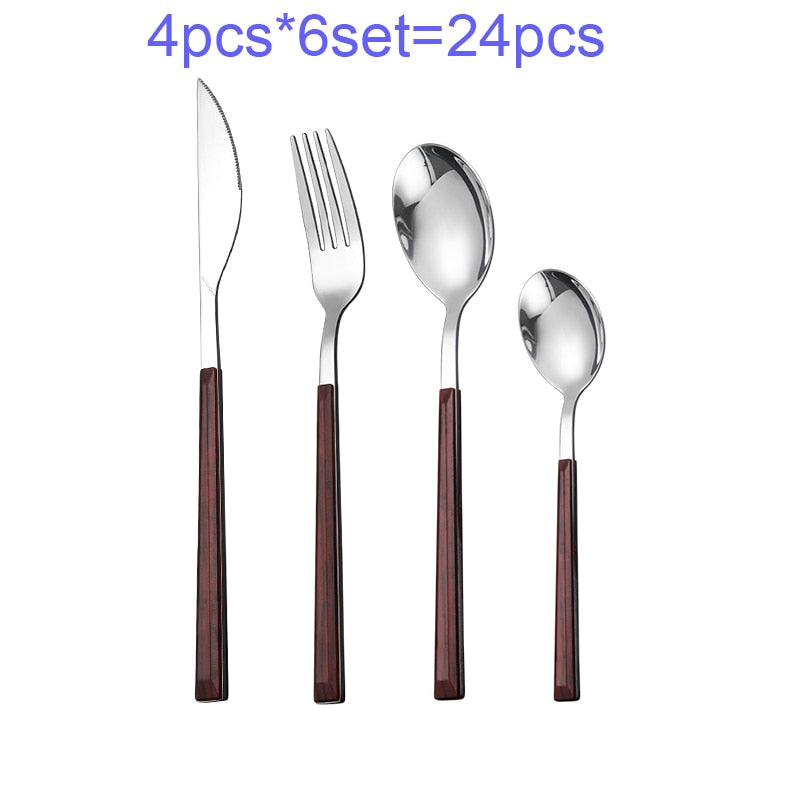 16/20/24Pcs 304 Stainless Steel Dinnerware Sets Glossy Silver Wooden Tableware Western Food Knife Fork Teaspoon Cubiertos