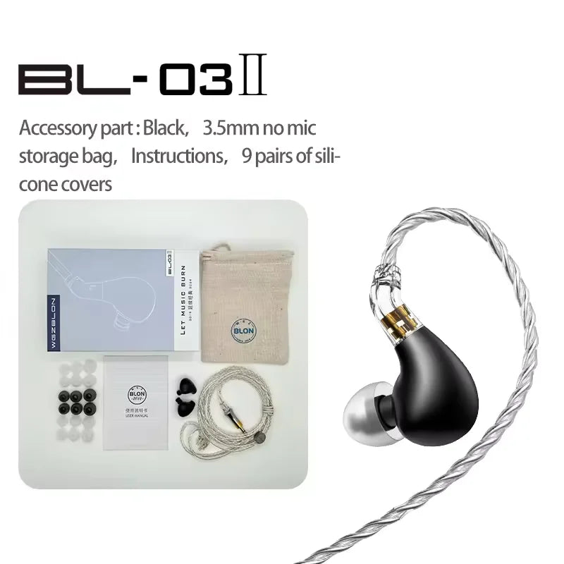 BLON BL03 II 10mm Dual-Chamber Dynamic Driver IEM Hifi Music Earphones with 0.78mm 2-Pin Detachable Cable Compatibility