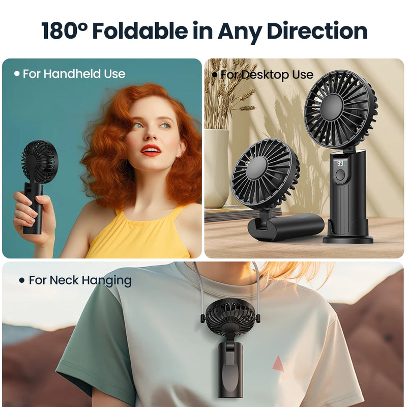 TOPK 5000mAh Mini Portable Fan USB Rechargeable Hand Held Fan,Small Pocket Fan 3 Speeds with Lanyard &Base,USB Desk Fan Foldable