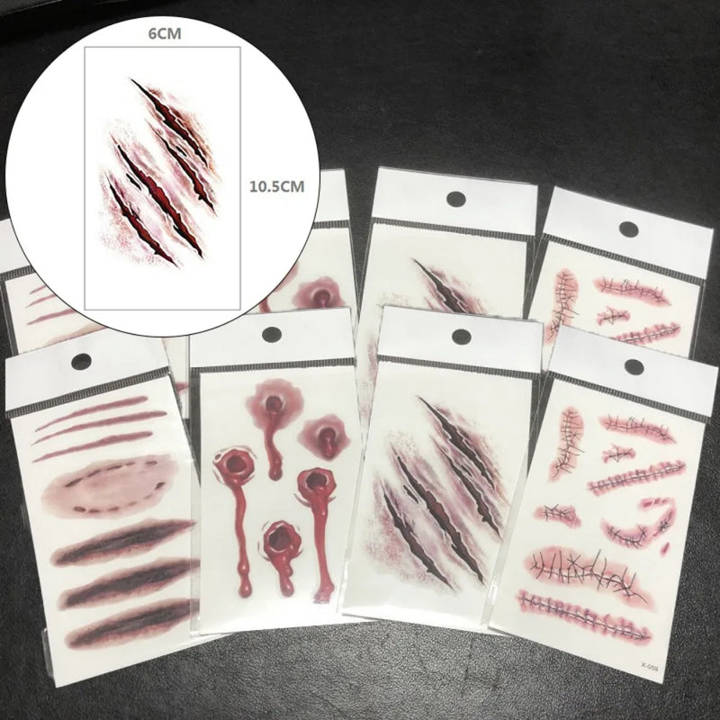 12PCS Halloween Tattoo Sticker Realistic Wounds Scab Blood Temporary Tattoo Scary 3D Bloody Knife Scar Waterproof Tattoo Sticker