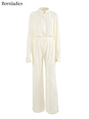 Bornladies Pleated Wide Leg Pants Sets Women Elastic High Waist Ruched Palazzo Pants + Loose Blouse Shirt Sets Oversized Pants