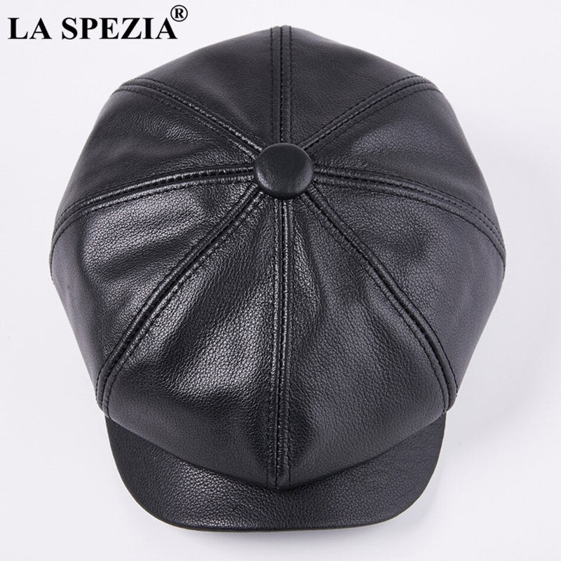 LA SPEZIA Octagonal Cap Real Leather Men Black Vintage Newsboy Caps Male Spring Casual Gatsby Hat Classic Painter Flat Hats