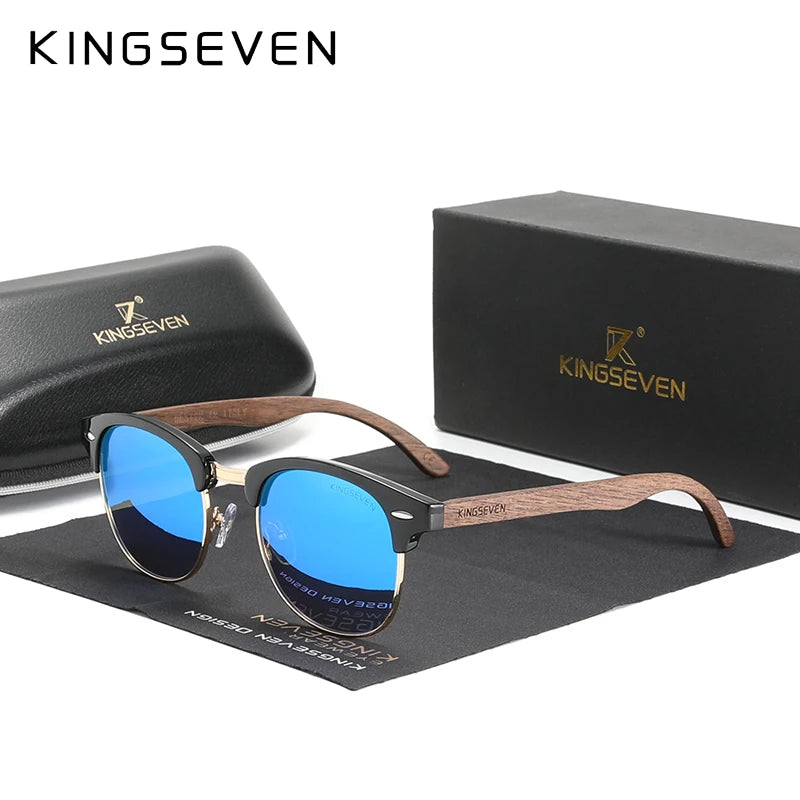 KINGSEVEN Handmade Black Walnut Wooden Sunglasses Men Polarized UV400 Protection Semi-Rimless Retro Eyewear Women For Driving