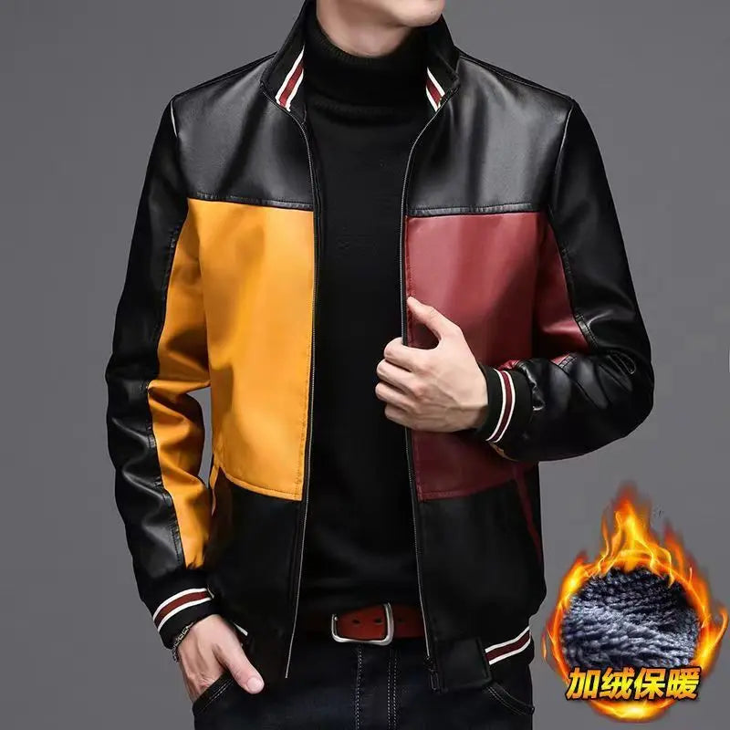 2024 Winter New PU Leather Men's Jackets Winter Fake Fur One Jacket Thickened Warm Turn Collar Coat Men's Padded Leather Jacket