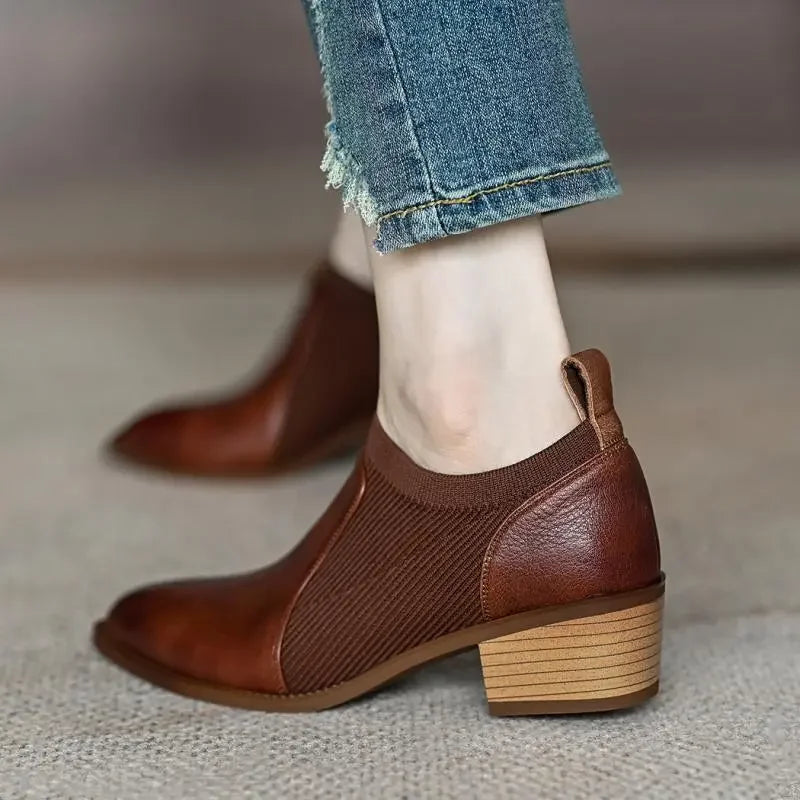 2023 Autumn New Soft Work Shoes,Women Mid Heels,Stretch,Pointed Toe,Slip On,Brown,Khaki,British Style,35-40,Dropship