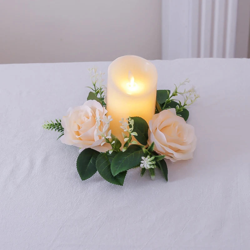 Wedding Candlestick Wreath Artificial Roses Candle Rings Wedding Table Decoration Silk Artificial Garland for Candle Home Decor