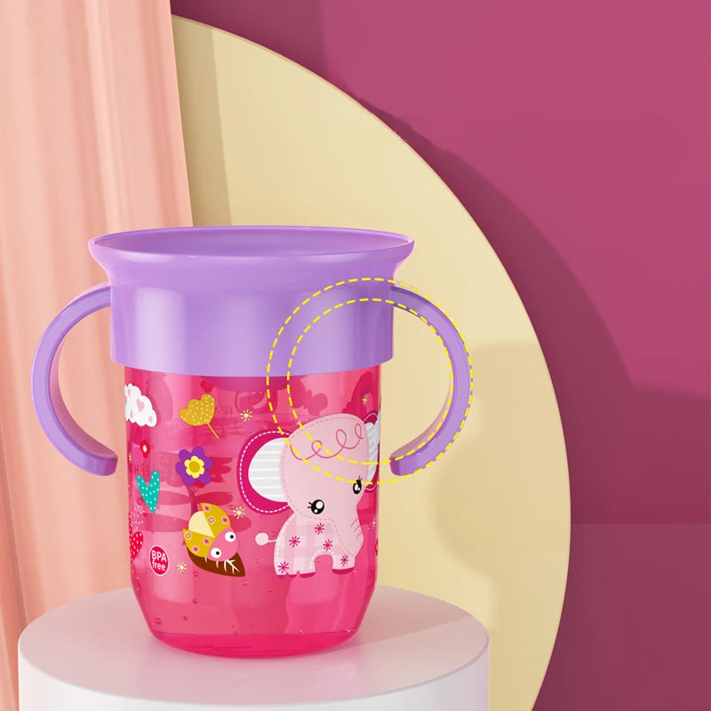 360 Rotated Cartoon Baby Learning Drinking Cup with Double Handle Flip Lid Leakproof Infants Water Cups Bottle BPA Free
