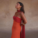 Fashion Women Color Blocking Scarf Collar Sling Dress Sexy Split Waist Cinching Bodycon Maxi Gowns 2026 Lady Club Party Vestidos