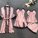 4 Piece Set Women's Pink Satin And Lace Trimmed Pajama Set Home Sleepwear V-Neck Tank Top Pajamas Sleepwear Set Lace Nightgown