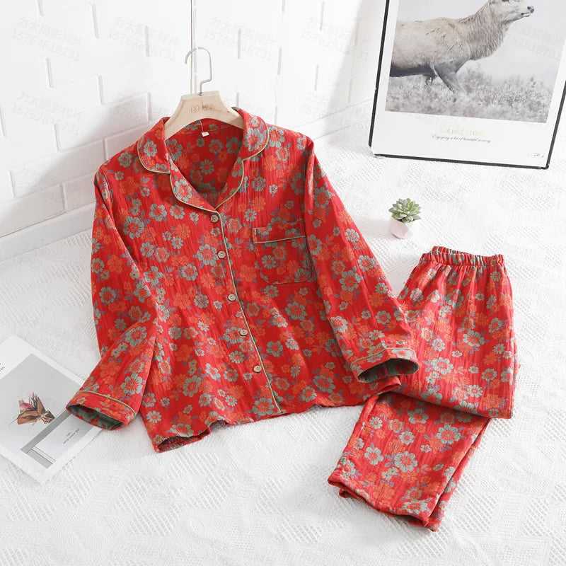 Floral Printed Cotton Women's Pajamas Suit for Spring and Autumn Jacquard Long Sleeved Large Size Home Women Sleepwear Set