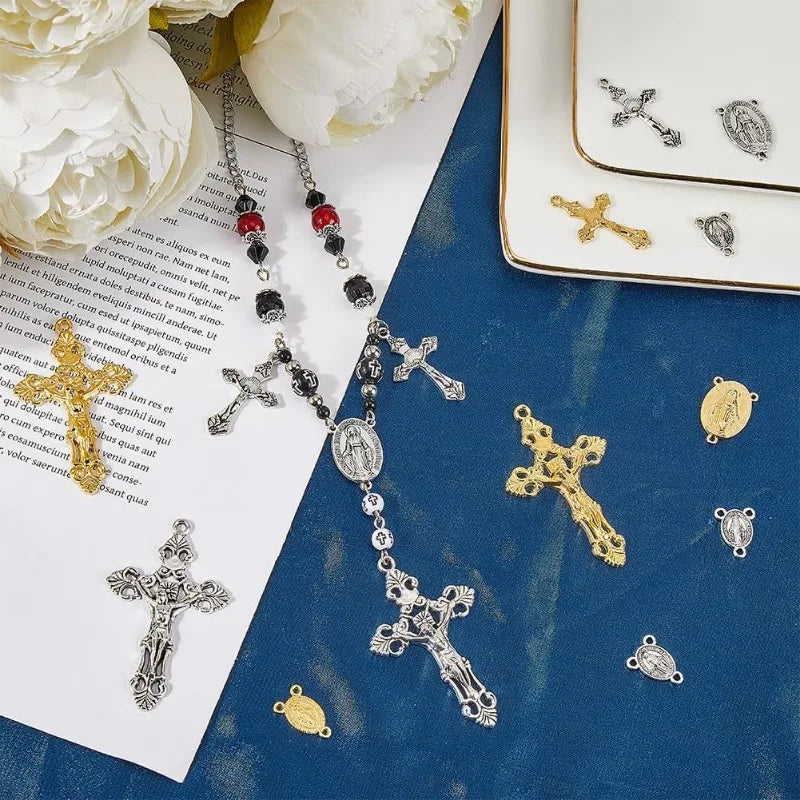 40Pcs 8 Styles Rosary Cross Charms Silver Crucifix Rosary Charm Easter Holiday Gold Tibetan Alloy Oval Chandelier Links Charm