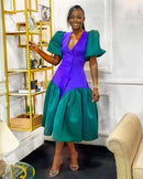 Couture Contrast Color Mid Calf Women Blazer Dresses V-neck Short Puffy Sleeves Fashion Women Dress Many Color Available