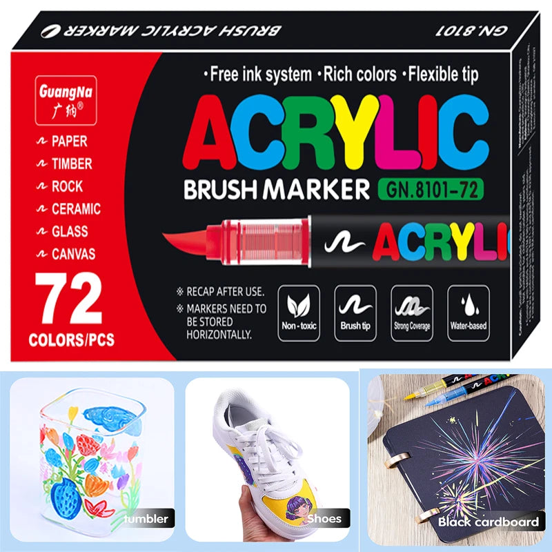 12/72 Colors Acrylic Marker Pen for Rock Painting, Brush Tip Paint Markers, Art Supplies Fabric Fabric Markers Waterproof Paint