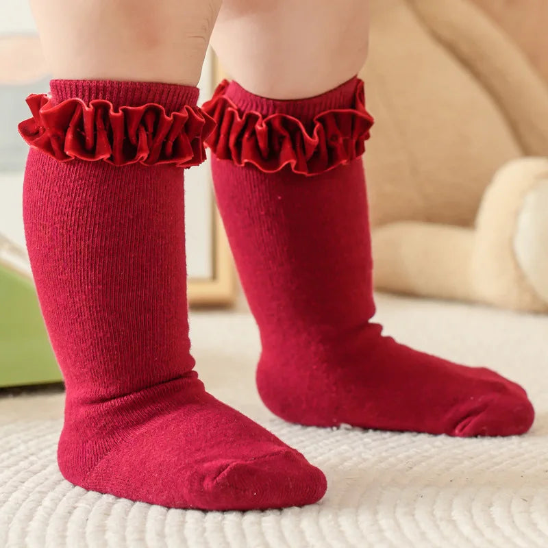 Baby Ruffle Socks Kids Infant Girls Knee High Sock Toddler Girl Solid Cotton Lace Flower Long Christmas Sock For 0-3 Years Gift