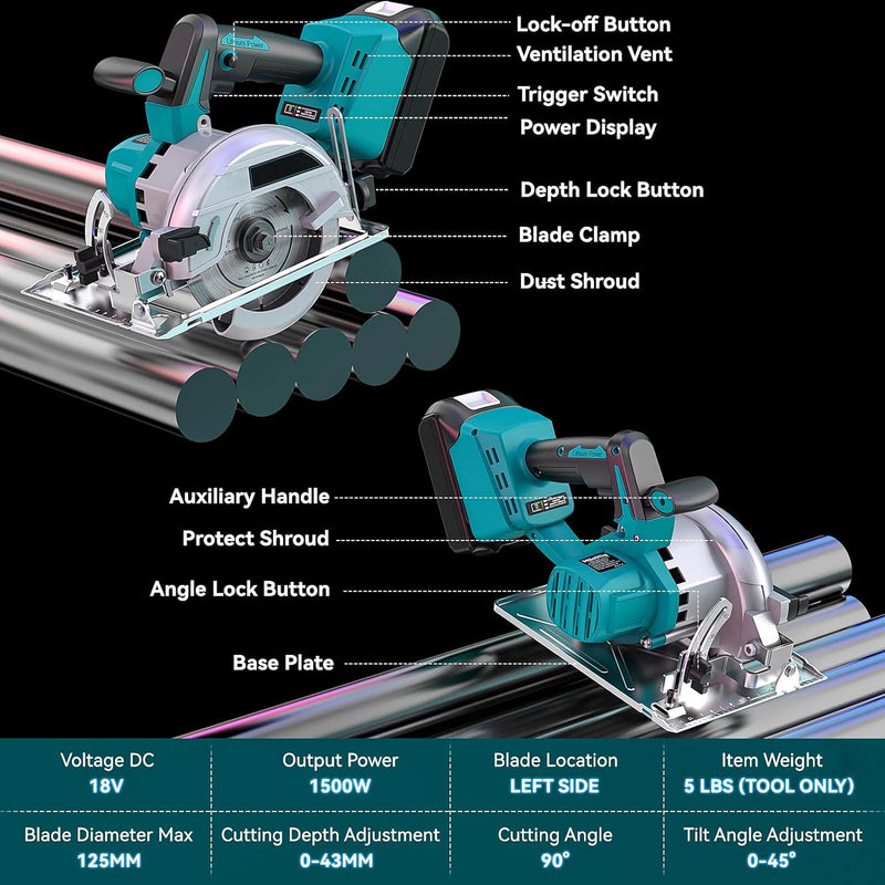 Brushless 5Inch 125MM Electric Circular Saws Adjustment for Woodworking Electric Cutting Tool For 18V Battery