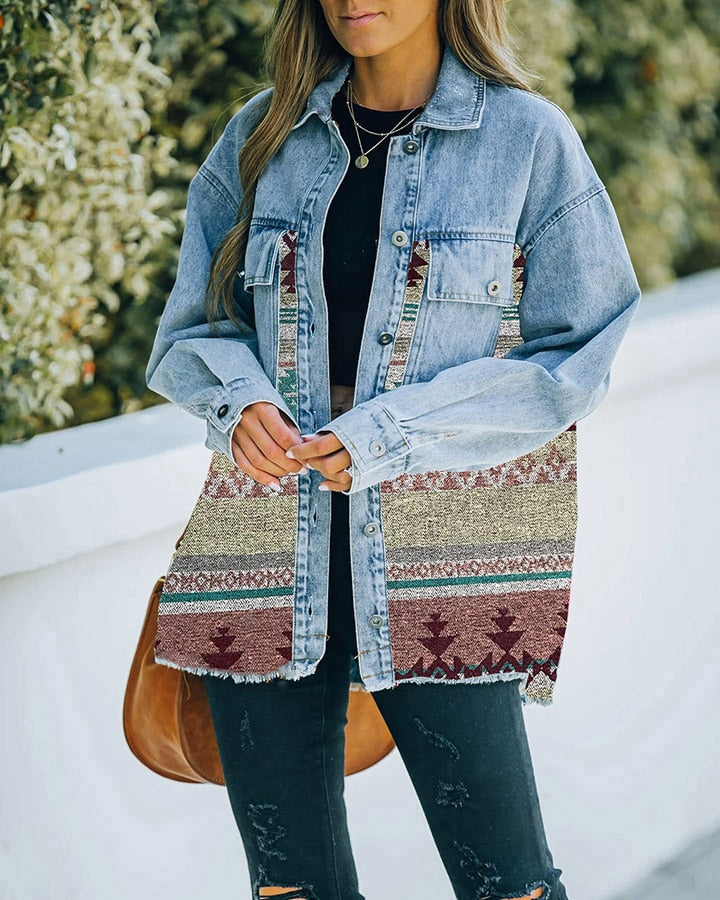 Jeans Casual Jackets 2023 Autumn Winter New Aztec Lapel Pocket Denim Coat Patchwork Long Sleeve Wool Women&