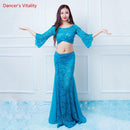 Winter Girls Women Belly Dance Flared Sleeves Top Splicing Skirt Competition Dance wear Lady Oriental Indian Dance Lace Clothes