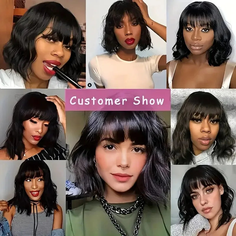 Glueless Body Wave Bob Wig with Bangs Ready-to-Go Fringe Wavy Bob Wig Full Machine Made Brazilian Remy Human Hair Wigs For Women