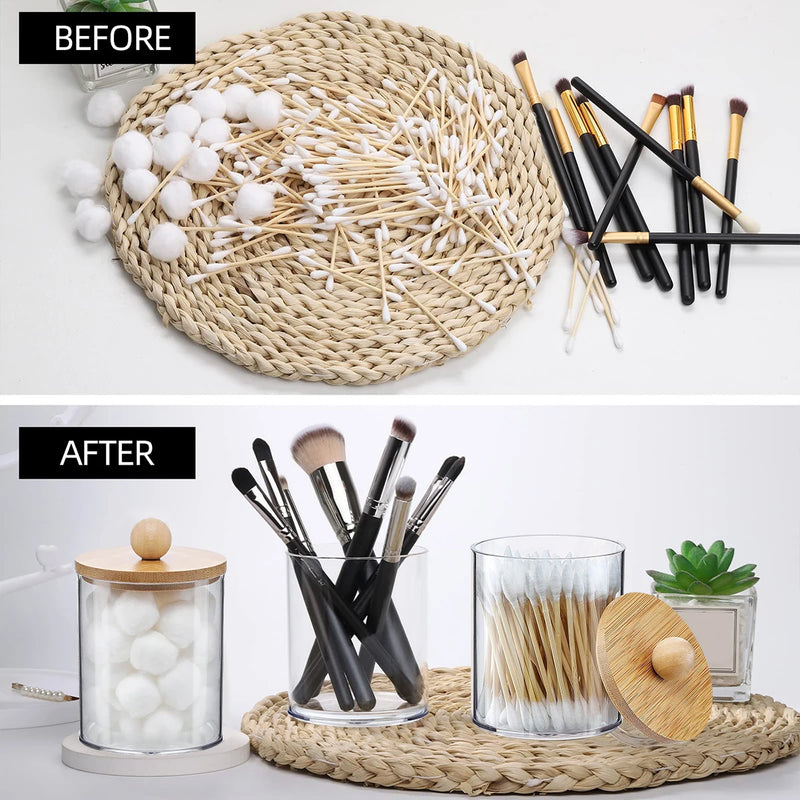 3Pcs Qtip Holder Dispenser with Bamboo Lids Clear Acrylic Bathroom Jars with Tray Cotton Swab Storage Dispenser Reusable