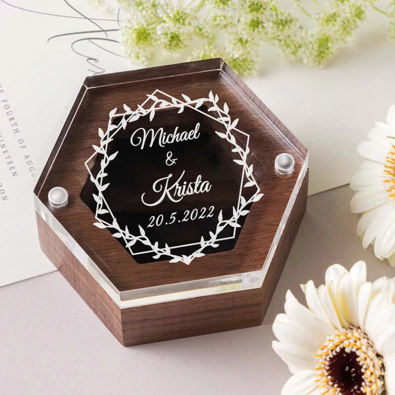 Personalized Engraved Wedding Ring Box, Proposal Gift Acrylic Cover and Wood Base Custom Rings, Engagement Wedding Decorations