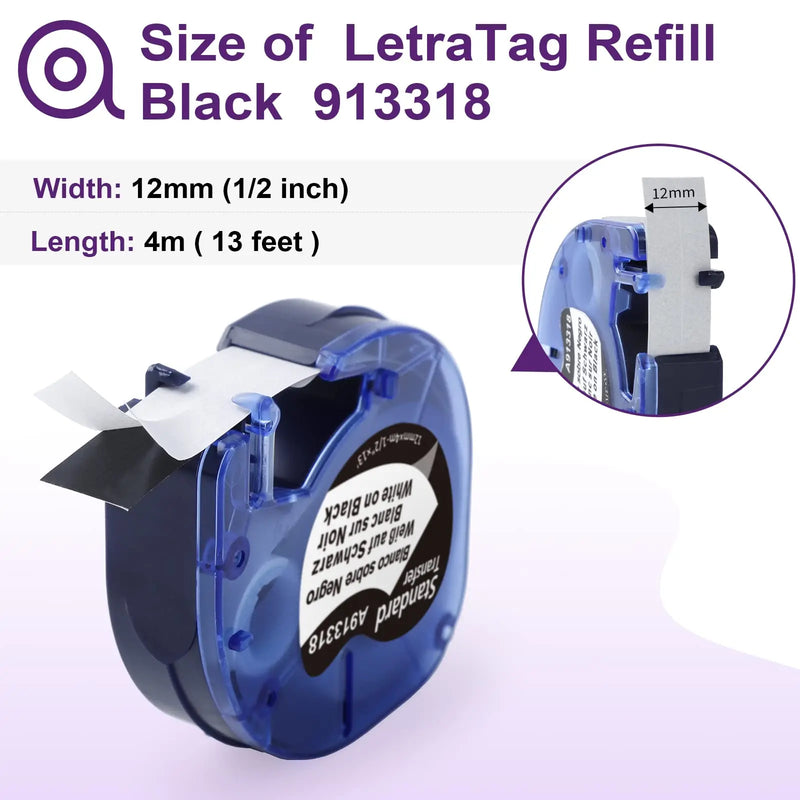 91200 91201 Compatible for Dymo Letra Tag Plastic Tape 12mm*4m Black on white LT 91331 12267 LT 91201 12267 for LT-100H LT-100