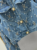 DEAT Women's Denim Jacket O-neck Embroidered Flares Diamond Pearls Buttons Plaid Elegant Coat 2025 Summer New Fashion 29L6353