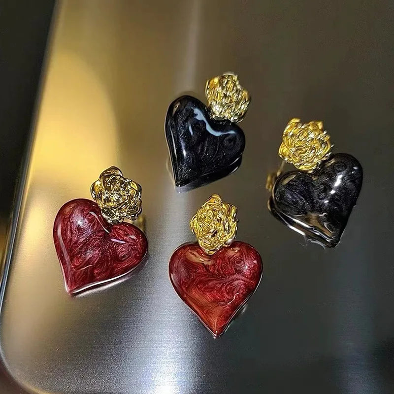 Rose Flower Love Heart Pendant Earrings for Women New Fashion Accessories Jewellery Gold Rose Earrings 2023 Korean Fashion