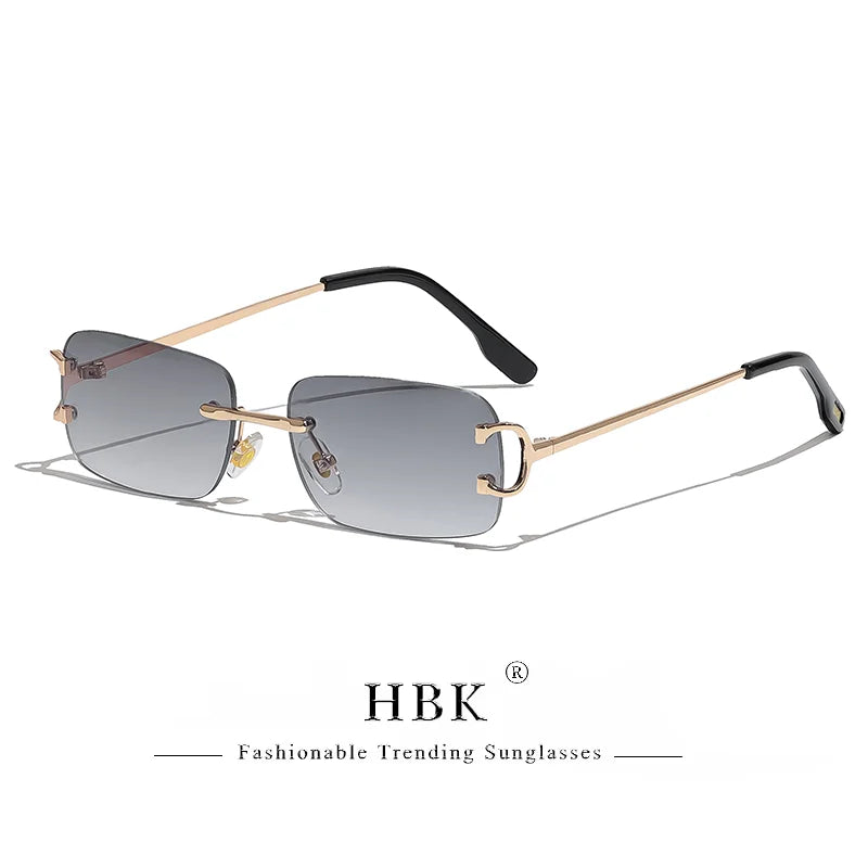 HBK Retro Rimless Sunglasses For Women Men Small Square Gold Frame Brand Design Tea Shades Rectangle UV400 Zonnebril Eyewear
