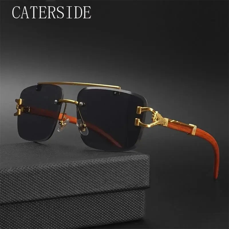 Retro Flat Top Double Bridges Square Metal Frame Men's Sunglasses Luxury Gold Lion Decoration Women's Sun Glasses UV400 Eyewear