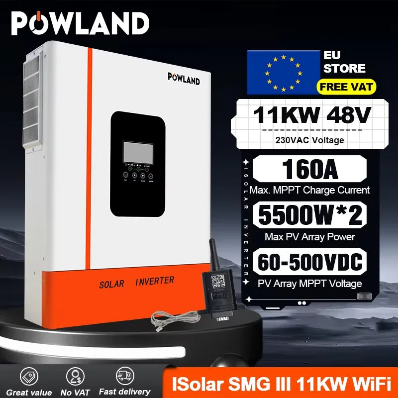 Powland 11KW 6.2KW 48V 4KW 24V Hybrid Solar Inverter Dual MPPT 160A Pure Sine Wave 230V Single phase On-grid Off-grid  VAT Free