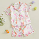 3-7Years Kids Girls Pajamas Set Eggs Flowers Carrots Print Short Sleeve Turn-down Collar Tops with Shorts Easter Sleepwear