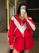 Casual Paneled Contrast Women's Pants Sets Stand Collar Zipper Cropped Jackets Elastic Wide Leg Pant 2026 Autumn Lady Tracksuits