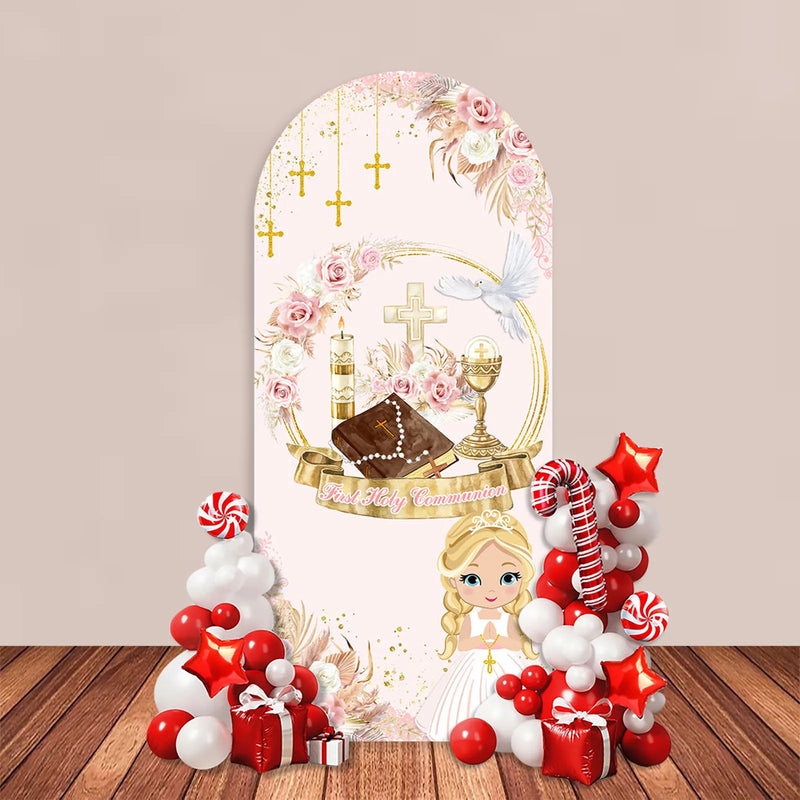 First Holy Communion Arch Backdrop Cover Wood Cross Baptism Boy Girl Boho Blue Cyan Flowers Party Decor Gold Bless Background