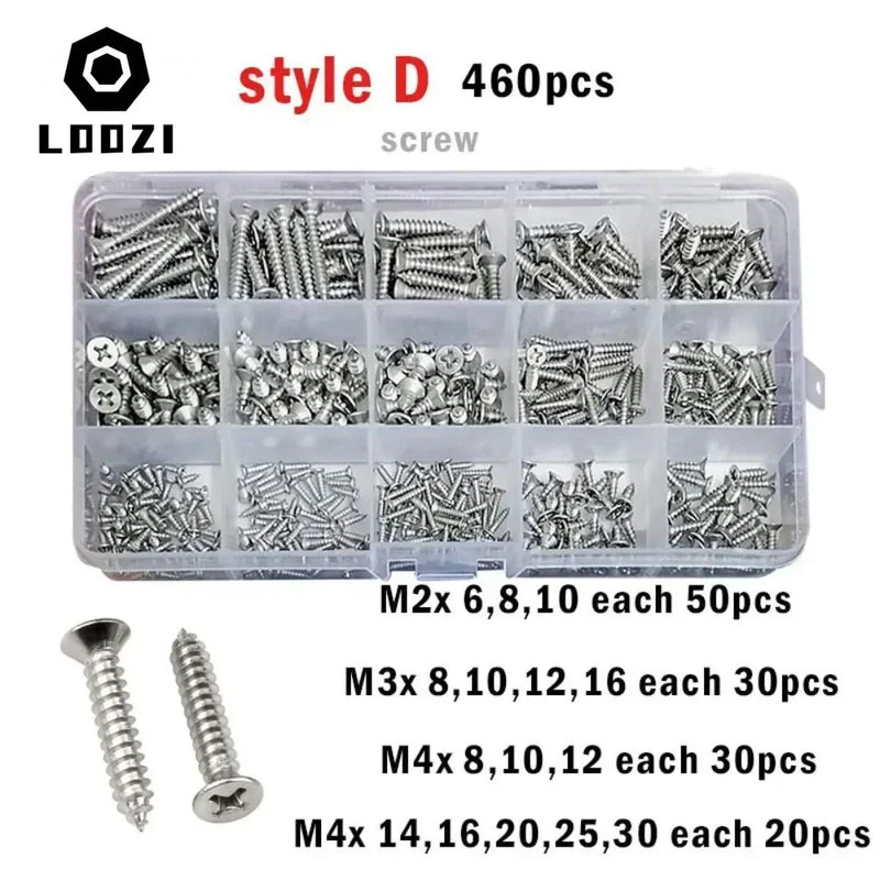 M1 M1.2 M1.4 M1.7 M2 M2.6 M3 M4 Stainless Steel Cross Countersunk Head Wood Screw Set Phillips Flat Head Self Tapping Screws Kit