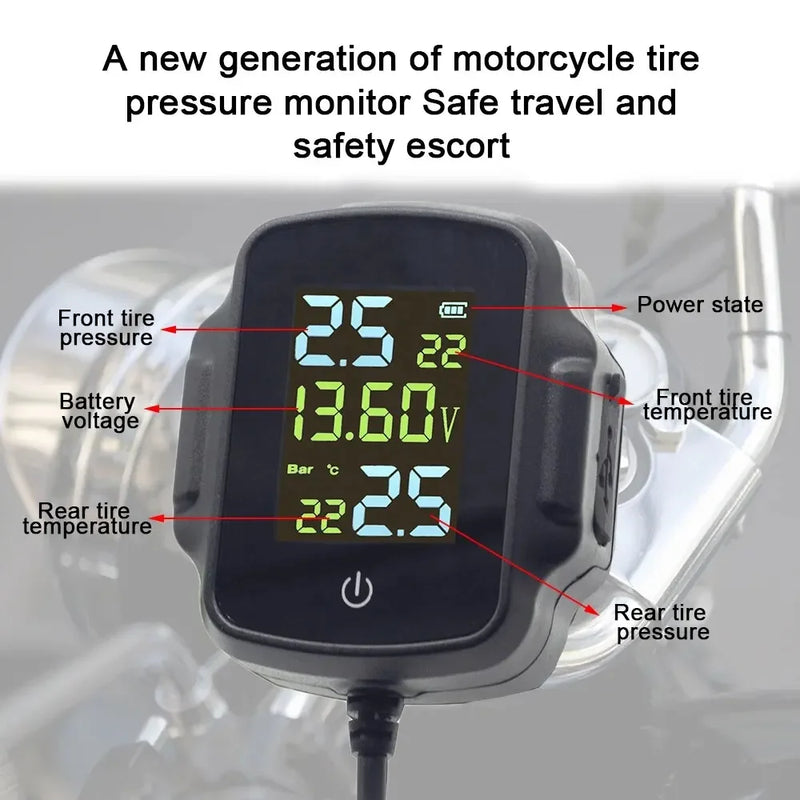 TPMS Motorcycle Tire Pressure Monitoring System With 2 Exteral Sensors Smart Tyre Alarm Kit Universal Motorbike Accessories