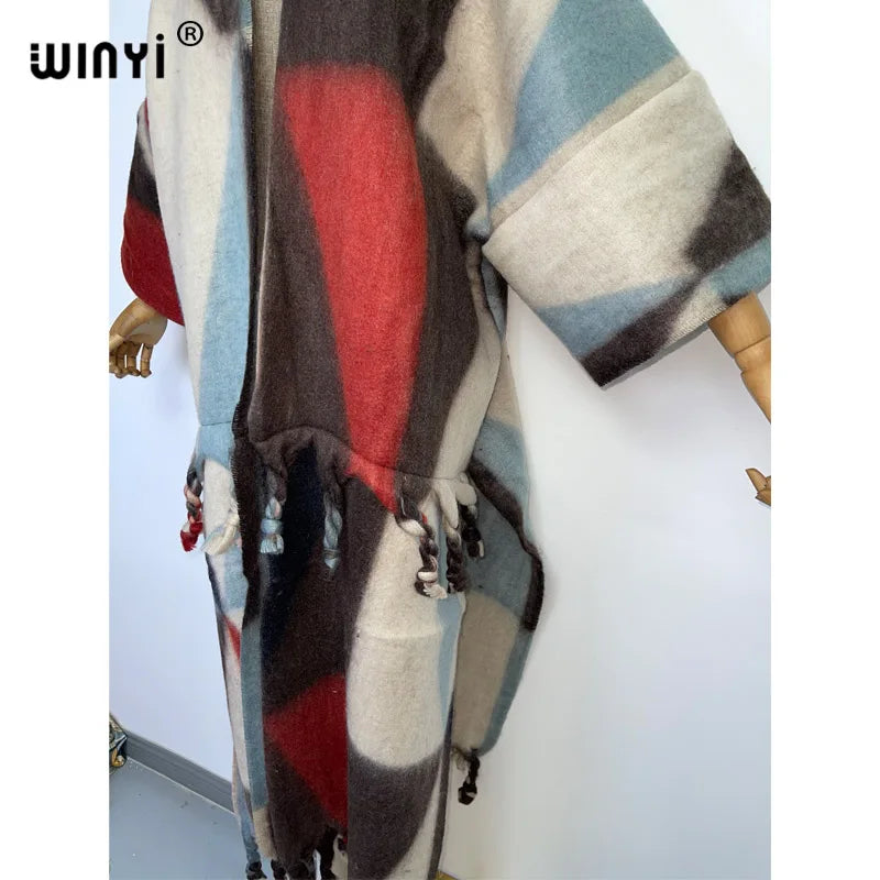 2022 WINYI Winter Women tassel Cardigan coat Loose Christmas dress robe longue Thick Warm free size Middle East Female Kaftan