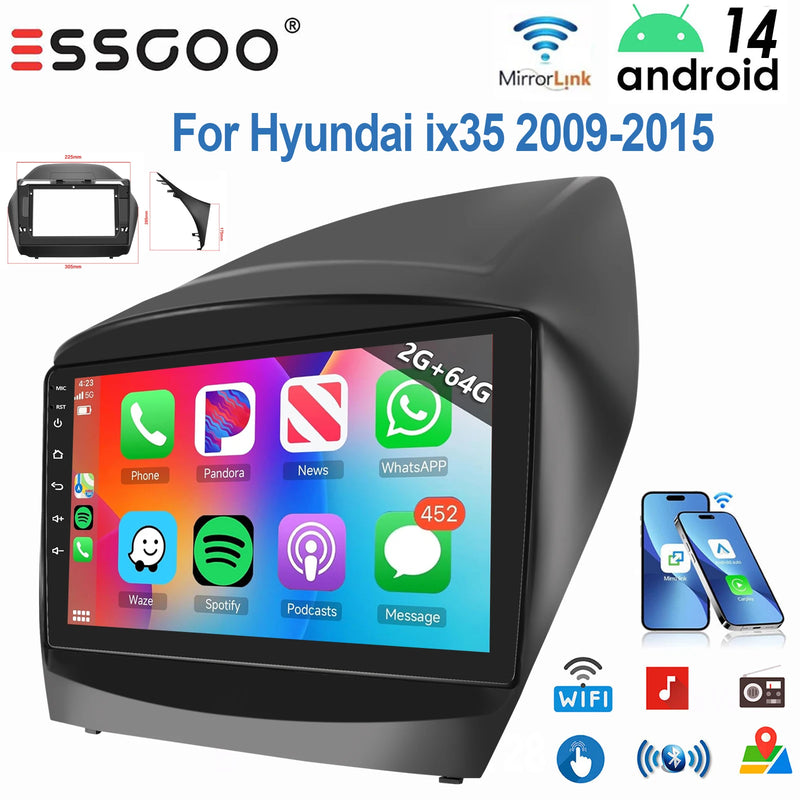 ESSGOO 9" Android 14 Display Car Stereo Radio GPS Navigation For Hyundai ix35 2009-2015 Carplay Android Auto SWC USB Wifi BT FM