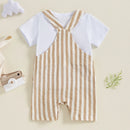 Toddler Boy s Summer Set Short Sleeve Crew Neck Tee with Striped Overall Shorts Cute Baby Boy Outfit for Warm Weather