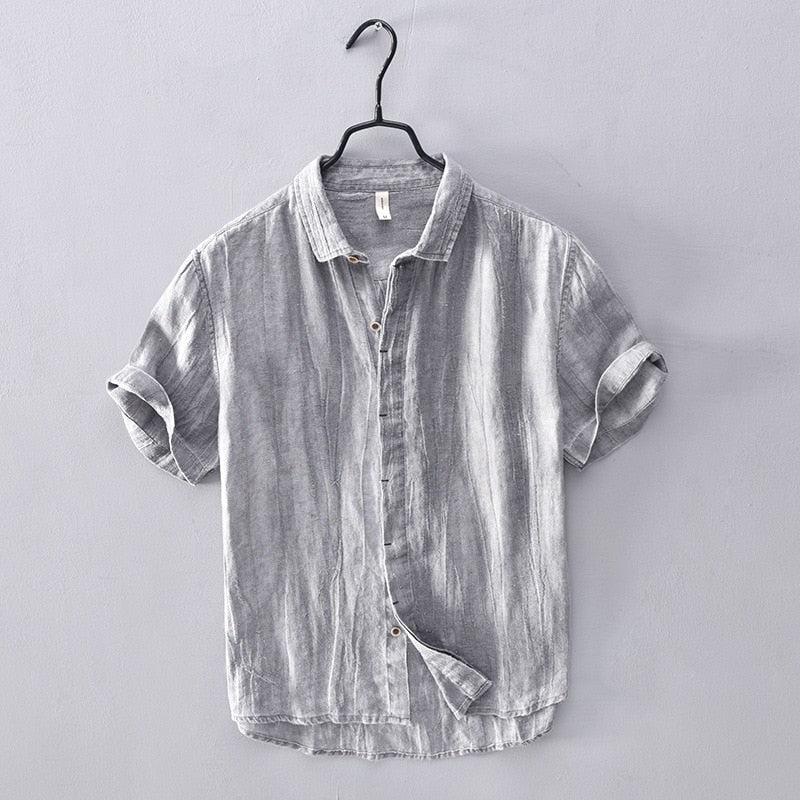 Men Short Sleeve Single Breasted Turn Down Collar High Quality Linen Shirts Japan Slim Fit Casual Minimalist Business Style Tops