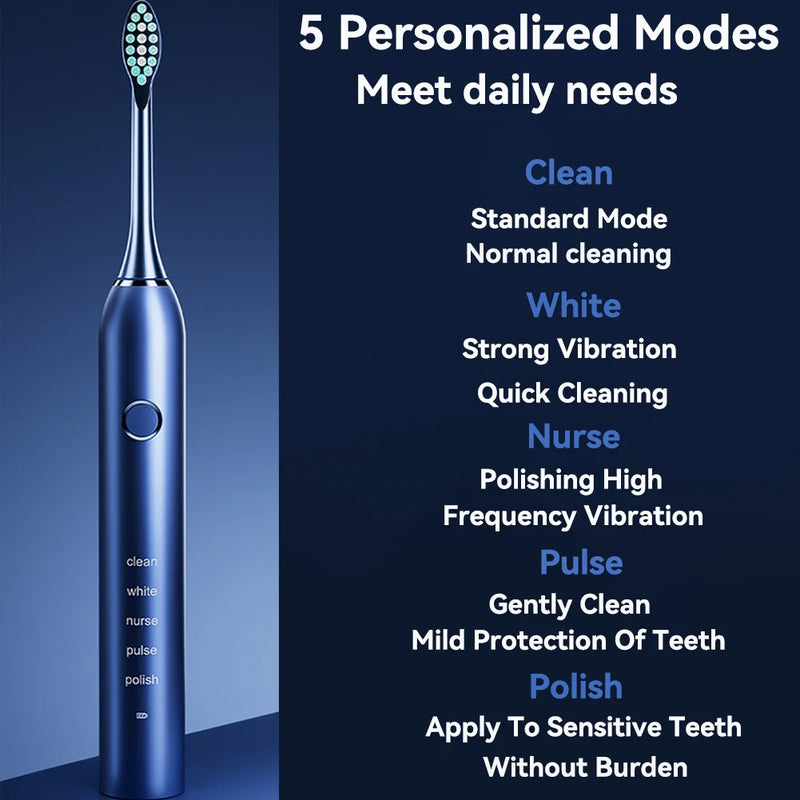 Sonic Electric Adult Toothbrush Rechargeable With 4 Replacement Brush Heads 5 Modes and 3 Intensity 2 Minute Intelligent Timer