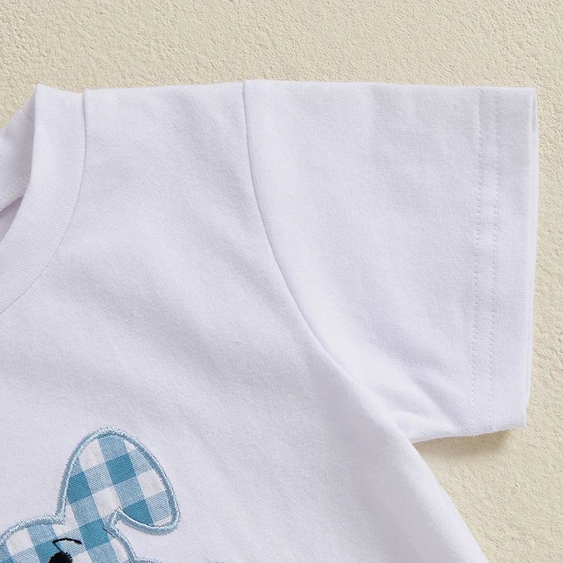 Toddler Boy Easter Outfit Adorable Bunny Print Shirt with Checkered Shorts Set for Spring Celebration