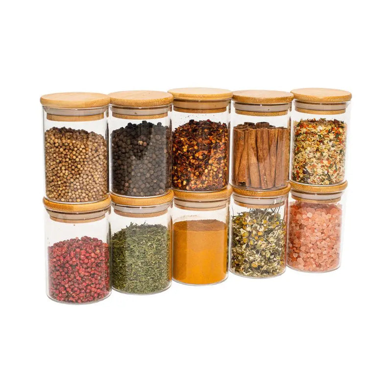 10 Set Glass Airtight Pots Bamboo Lid-250 Ml Oikos