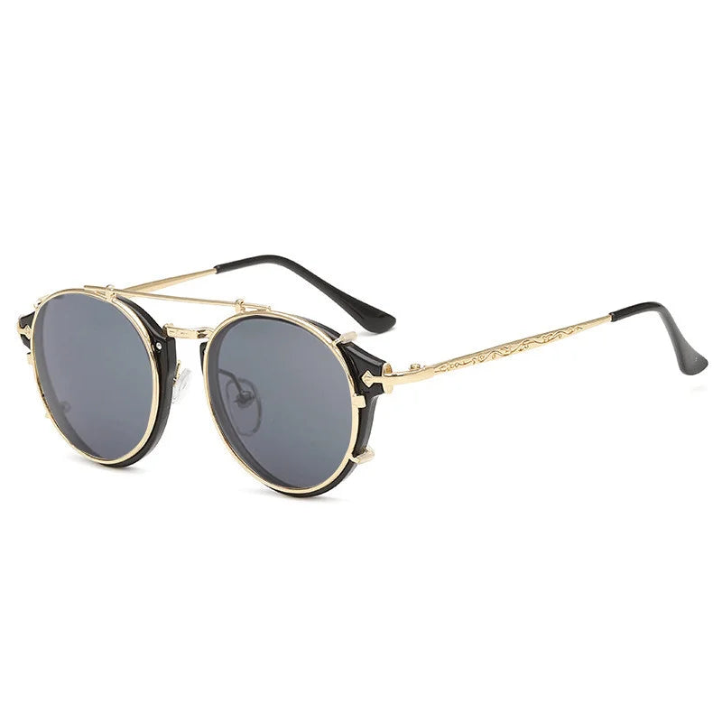 Retro Steampunk Round Clip On Sunglasses Men Women Double Layer Removable Lenses Detachable Shades Clear  Hollow Legs Glasses