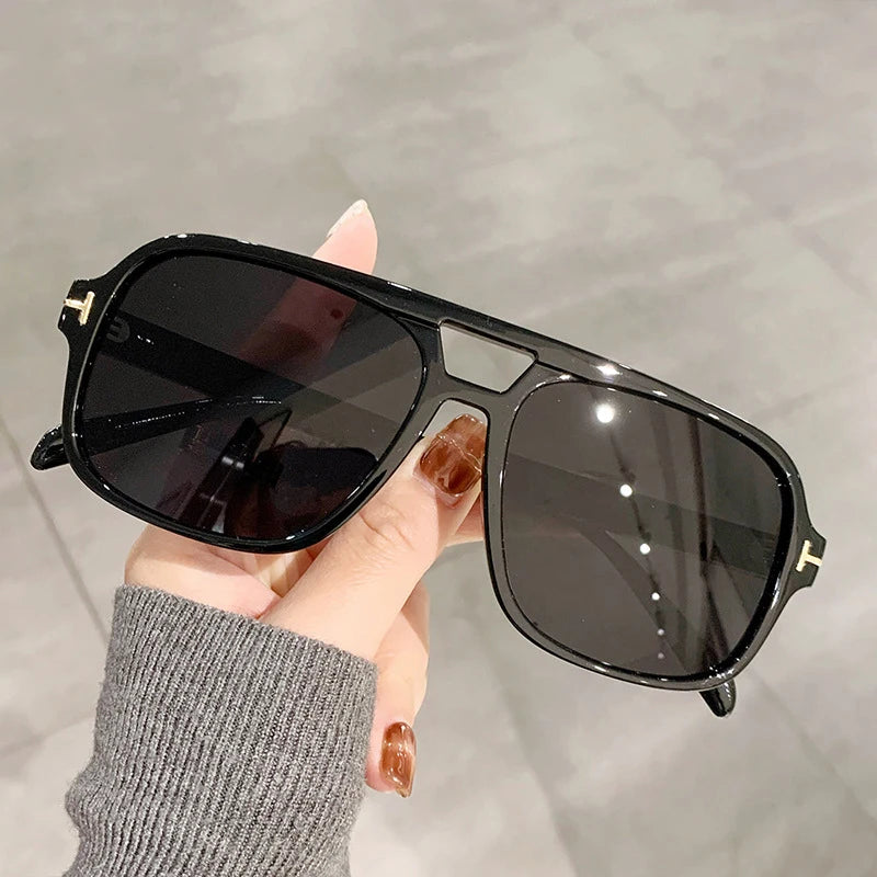 SO&EI Retro Double Bridges Square Women Luxury Sunglasses Fashion Clear Ocean Lens Shades UV400 Men Sun Glasses