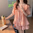 Women Sweet Floral Pajamas Female Summer Set Lace Princess Short-Sleeved Shorts Homewear Ladies Kawaii Soft Nightwear Loungewear