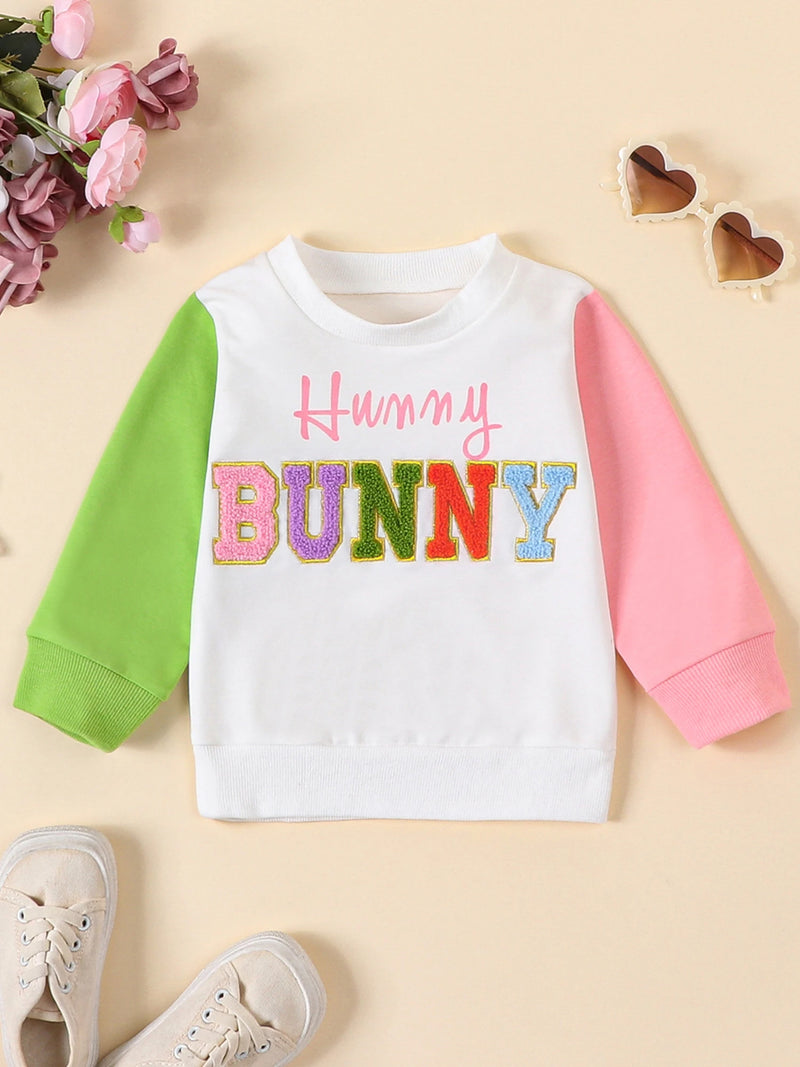 Toddler Girls Boys Sweatshirts Easter Clothes Fuzzy Letter Embroidery Contrast Color Long Sleeve Pullovers Baby Spring Tops