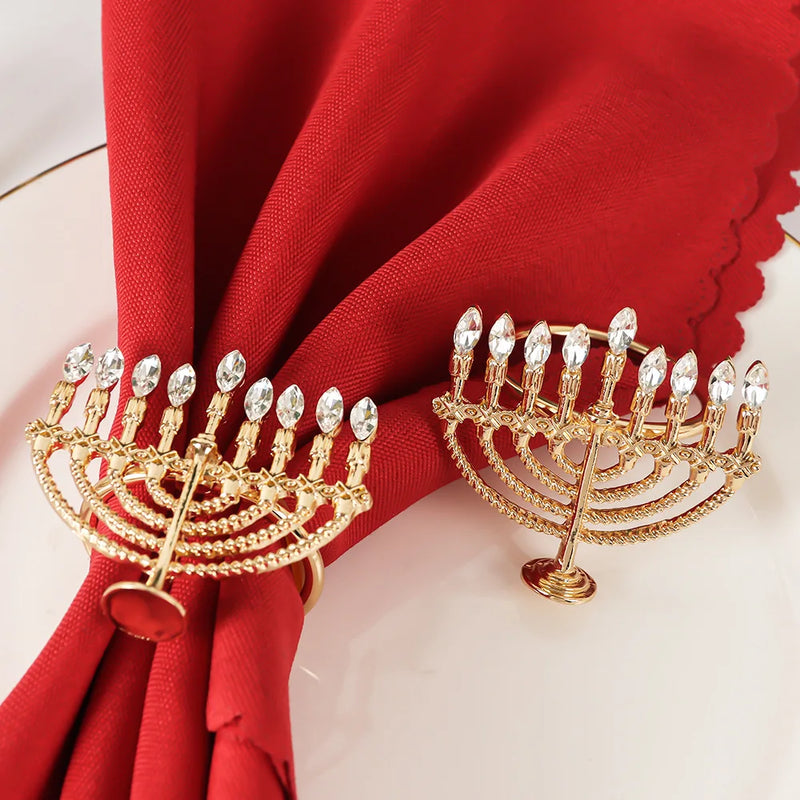 1/2Pcs Jewish Hanukkah Candlestick Gold Napkin Ring Serviette Buckles for Dining Table Chanukah Festival Wedding Party Decoratio