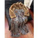 Ladies Retro American Floral Embroidery Wide Leg Jeans Spring New Loose Slimming Straight Tube Pants Couples Style Floor-Length
