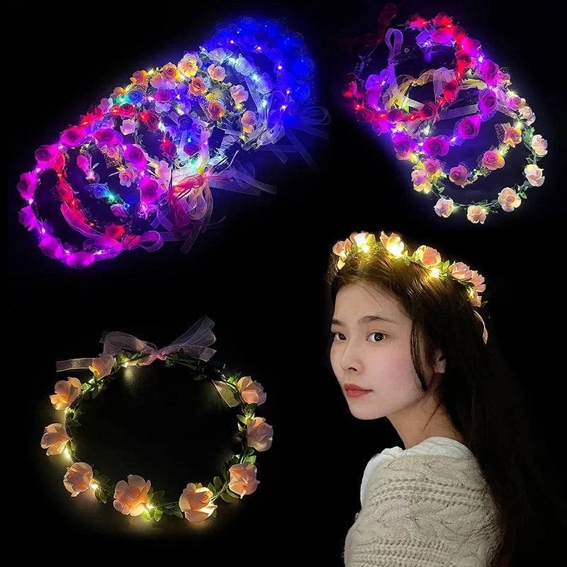 Wedding Party Crown Flower Headband LED Light Wreath Garland Decoration Women Girl Birthday Favor Luminous Hair Garland Hairband